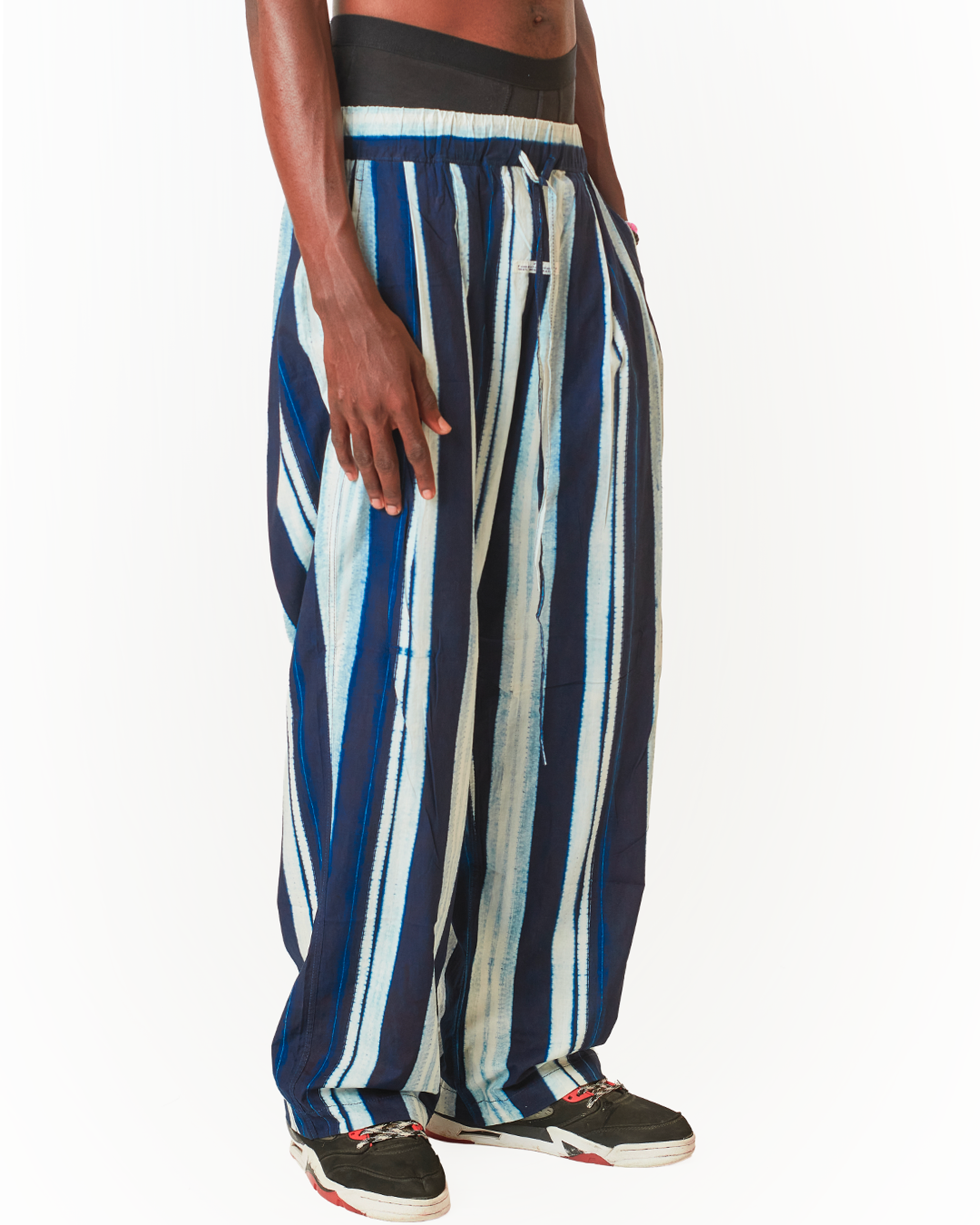Wide-Leg Indigo Pants Elastic Waist & Drawstring