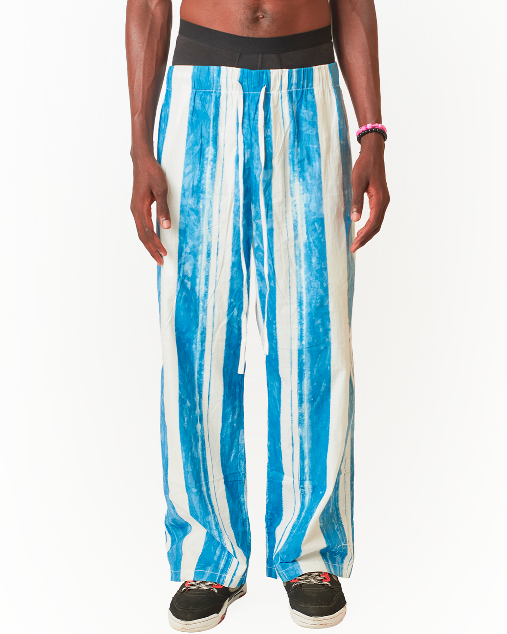 Wide-Leg Indigo Pants Elastic Waist & Drawstring