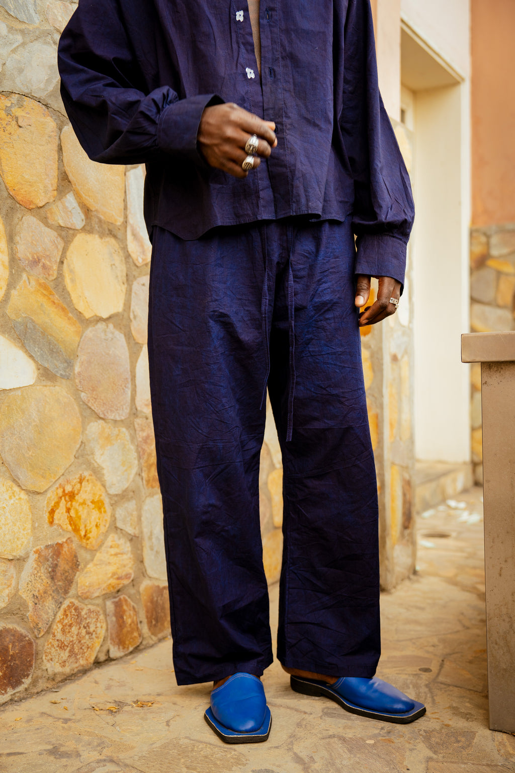 Wide-Leg Indigo Pants Elastic Waist & Drawstring MIDNIGHT