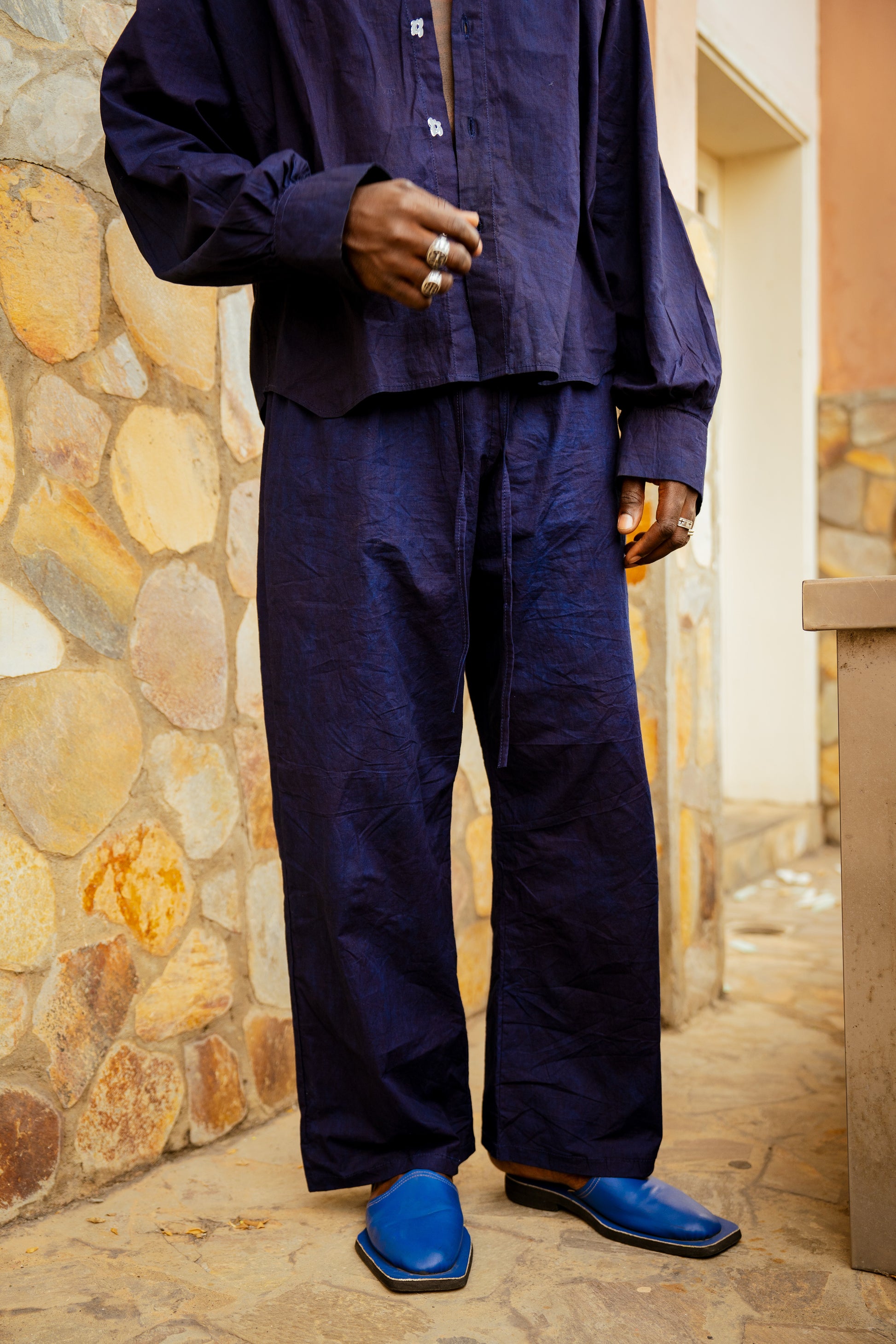 Wide-Leg Indigo Pants Elastic Waist & Drawstring MIDNIGHT