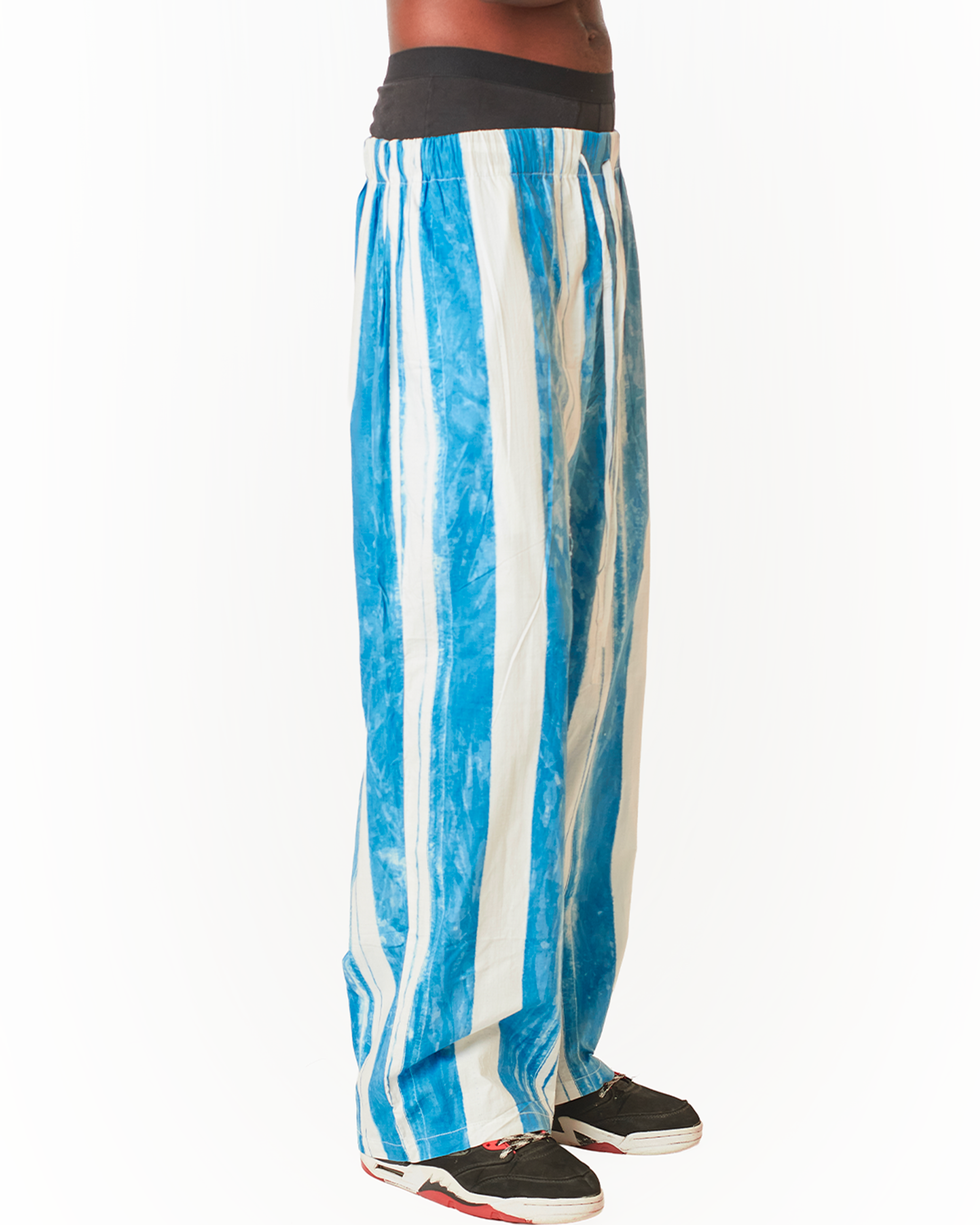 Wide-Leg Indigo Pants Elastic Waist & Drawstring